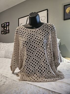 Beige Open-Knit Crochet Sweater Top